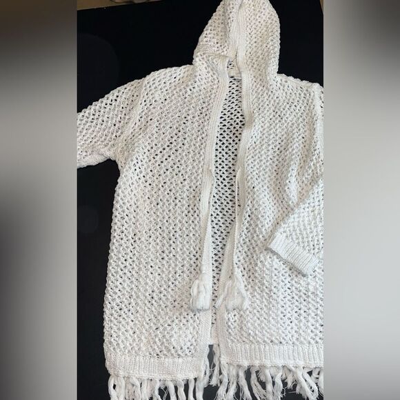 J. Jill Sweaters - J.Jill White Crochet Hooded Cardigan With Fringe Hem Size Small GUC